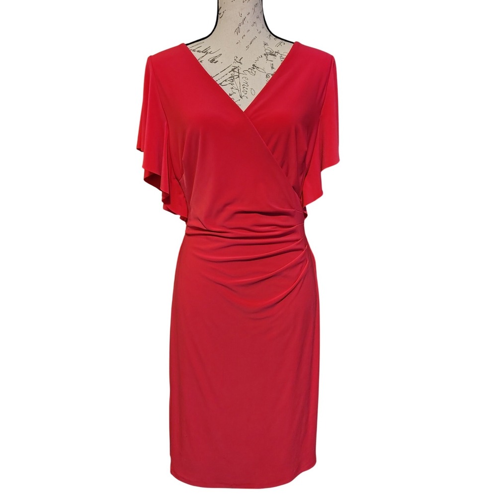 Lauren Ralph Lauren Dark Pink Ruched Flutter Sleeve Sheath Dress Size 12 V-Neck